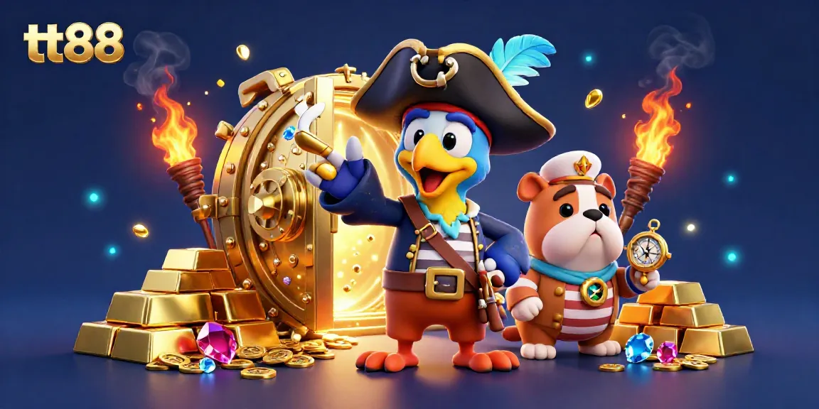 Experience the excitement of tt88 gaming with a pirate captain directing treasure-filled adventures amid lavish casino elements.