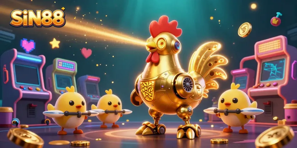 SIN88 vibrant casino scene with golden rooster robot and colorful game elements