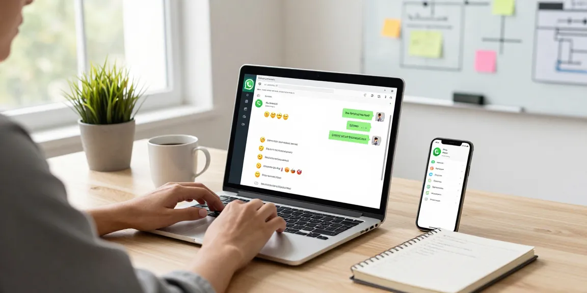 Engaging with WhatsApp電腦版 in a modern workspace, showing chat interface and productivity vibes.