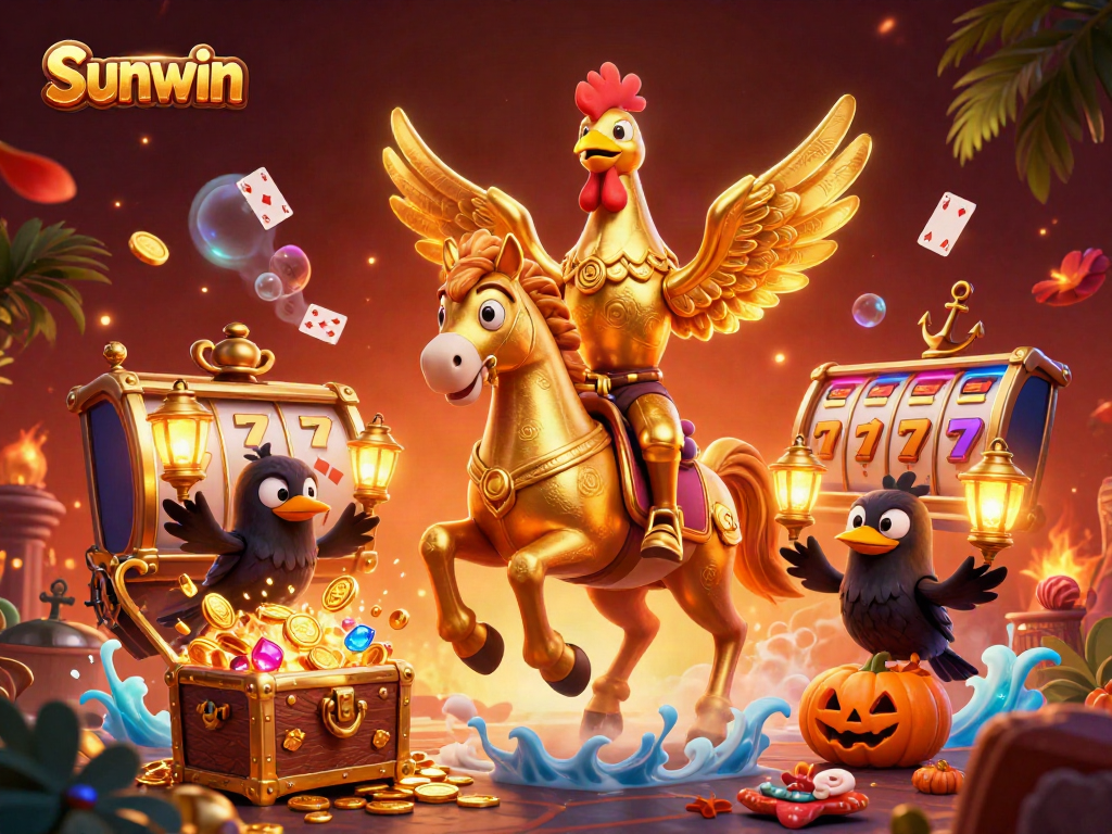 Spin the reels and win big at Sunwin's vibrant casino, filled with gold coins and playful characters.