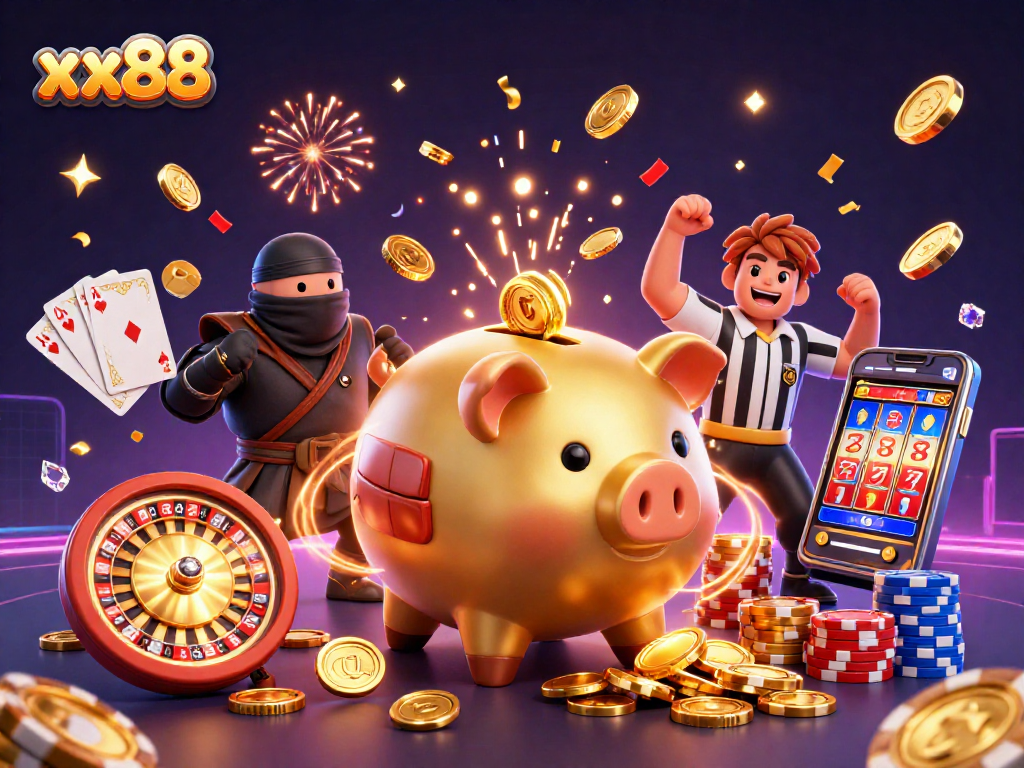 Engage with the exhilarating xx88 casino gaming scene featuring a piggy bank sumo wrestler amidst coins and cards.