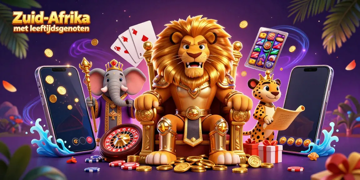 Spannende 3D illustratie van een lion king met leeftijdsgenoten in Zuid-Afrika, met casino-elementen.