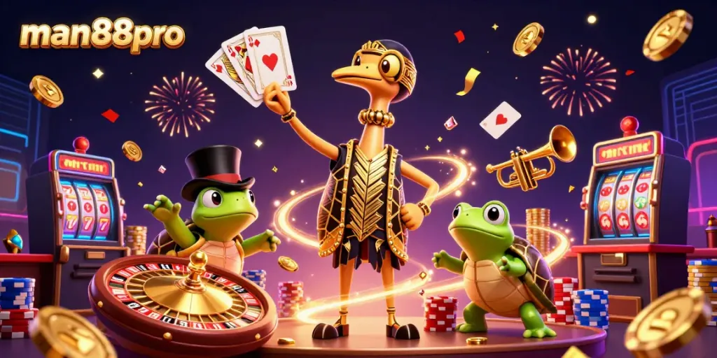 Experience gaming with man88pro through this vibrant casino illustration featuring exciting characters and dynamic elements.