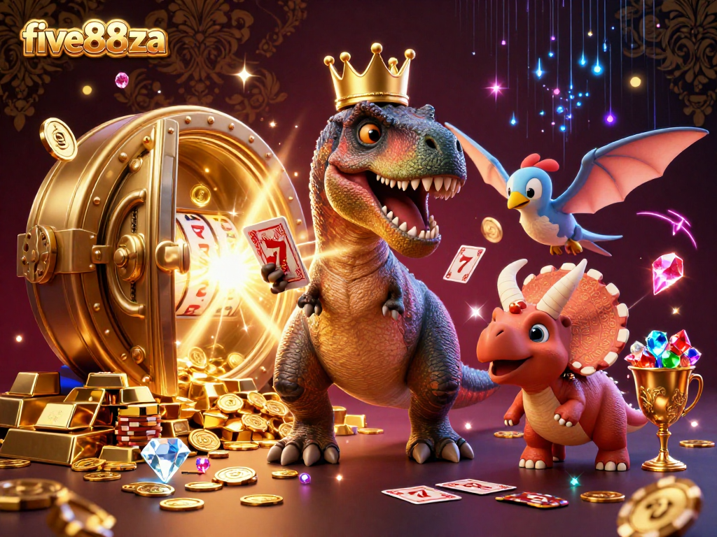 Experience the exciting world of five88za with a lively illustration featuring cartoon dinosaurs and casino elements.