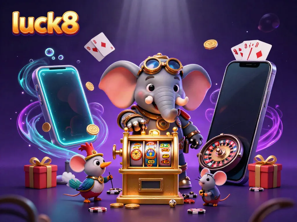 Experience the excitement of luck8 with steampunk characters spinning a golden slot machine and winning coins.