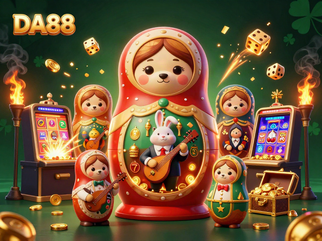 Experience the excitement of DA88 in a vibrant casino illustration with dynamic game elements.