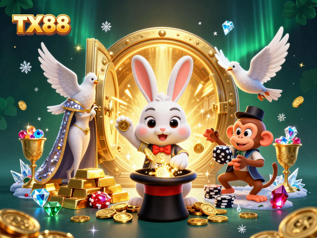 Engage with TX88's vibrant casino atmosphere featuring a rabbit magician, dove, and playful monkey.