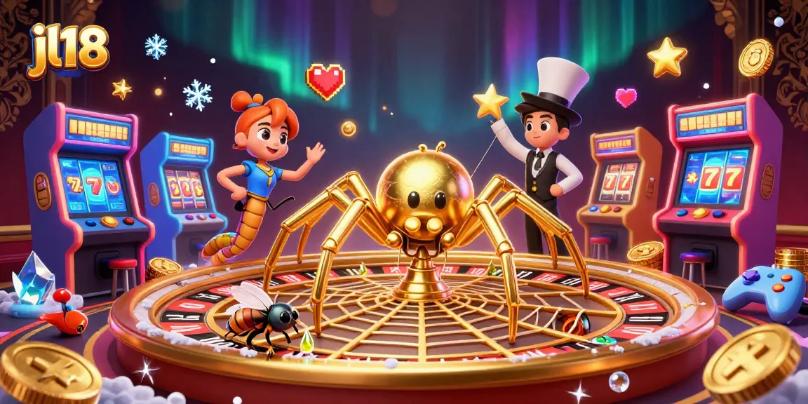 Experience thrilling gaming action at jl18 with a golden spider spinning a roulette wheel in this vibrant casino illustration.