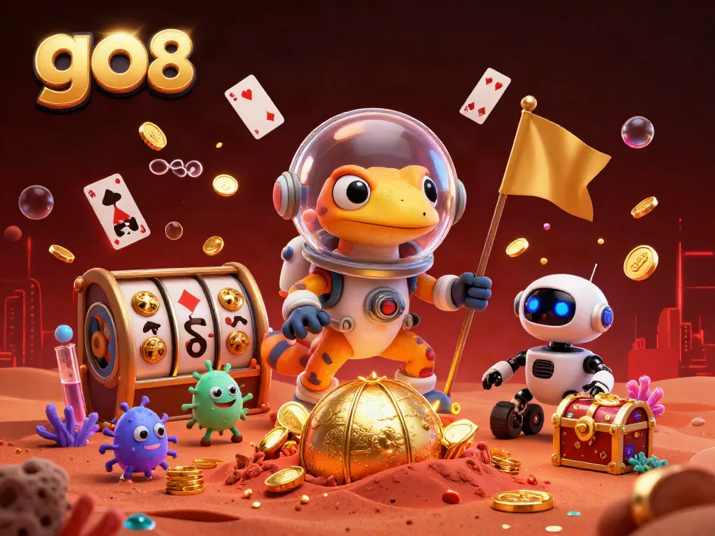 Experience the thrill of go 88 with a vibrant casino scene featuring a Martian gecko and exciting game elements.