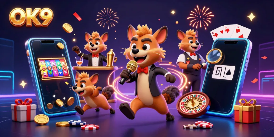 Hyenas at OK9 comedy casino, with games and winnings illustrated in vibrant detail.