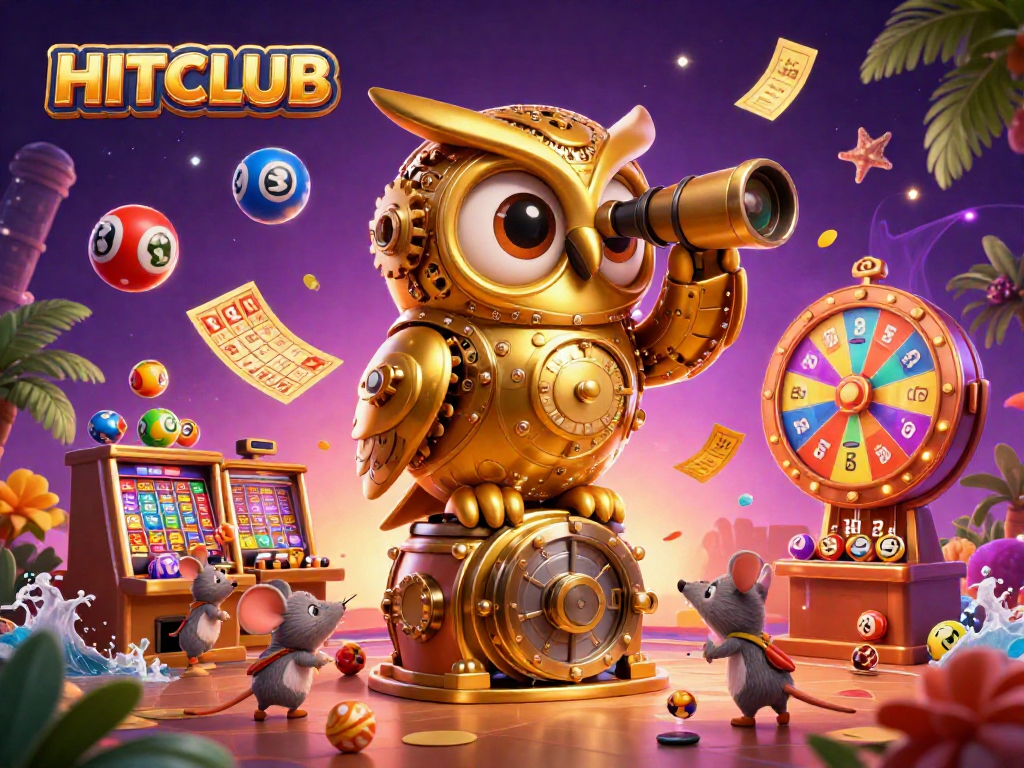 Engage with HITCLUB's vibrant online gaming scene featuring a golden owl and lively casino elements.