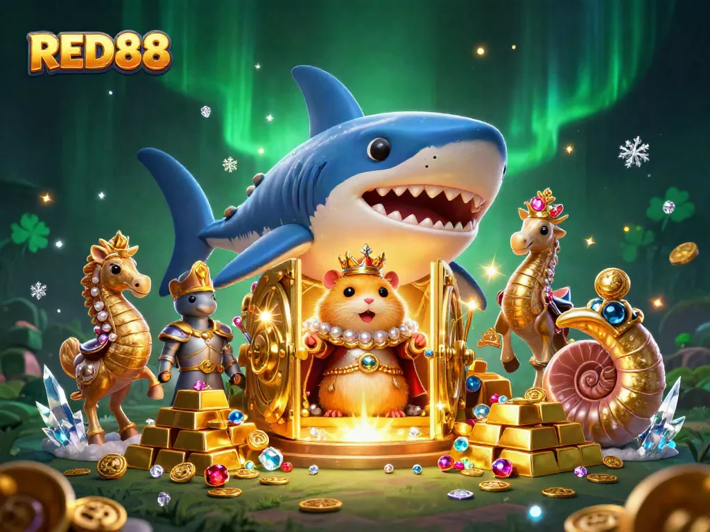 Experience the excitement of RED88 with dynamic casino-themed 3D illustration featuring gold treasures and royal characters.
