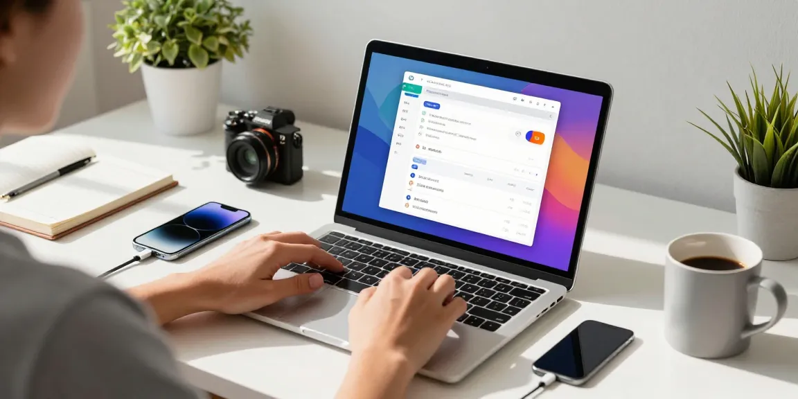 爱思下载使用者在工作间管理设备,显示软件界面和连接的iPhone,营造高效的技术氛围。