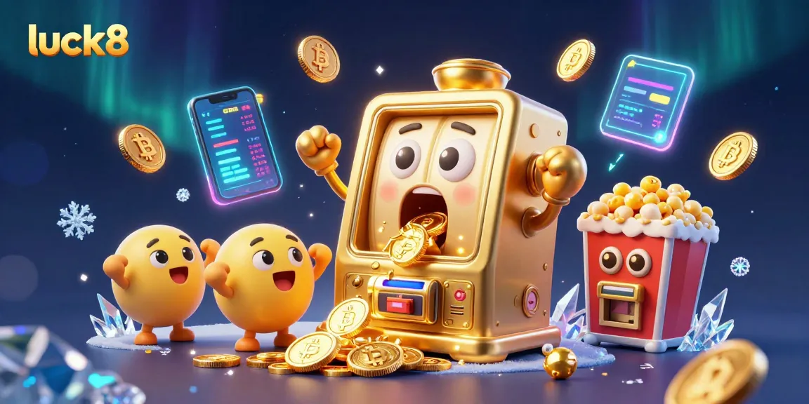 Spin to win at Luck8! A vibrant scene with a golden slot machine celebrating its jackpot.