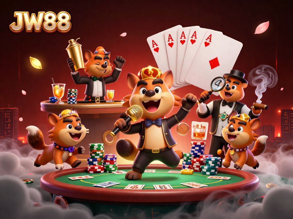 JW88 hyenas comedy casino scene featuring a bartender, bouncer, and comedian in action.