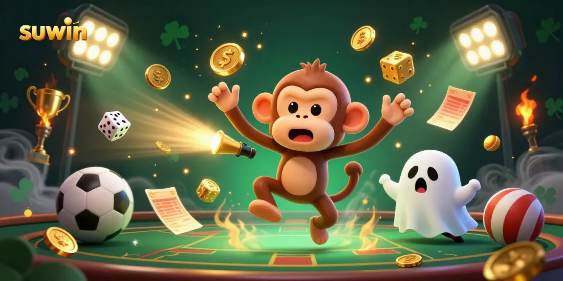 Join the thrilling experience of suwin with a lively scene featuring a poltergeist monkey and gaming elements.