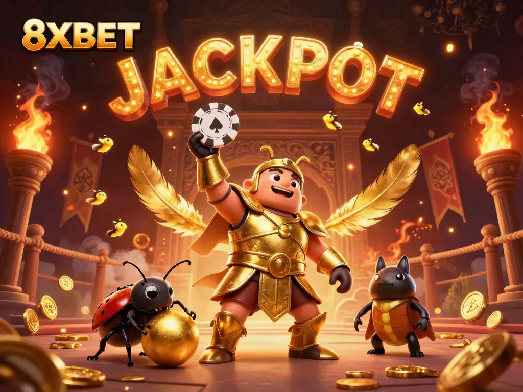 Win big with 8XBET in this vibrant 3D scene featuring a heroic beetle championing the jackpot