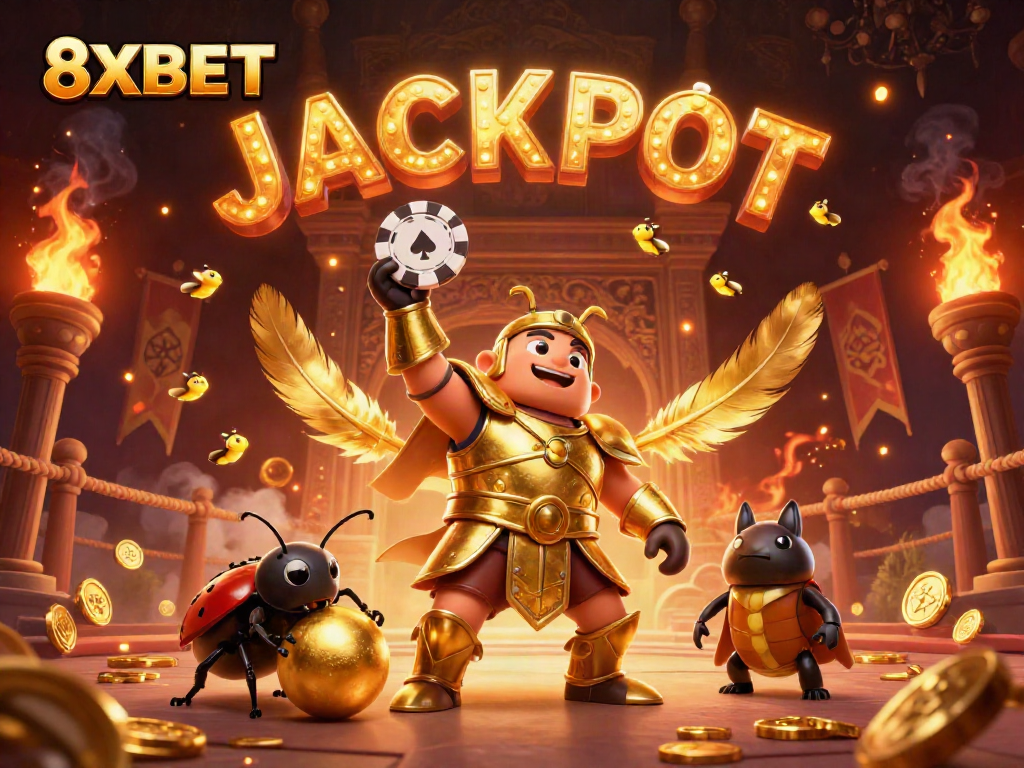 Win big with 8XBET in this vibrant 3D scene featuring a heroic beetle championing the jackpot