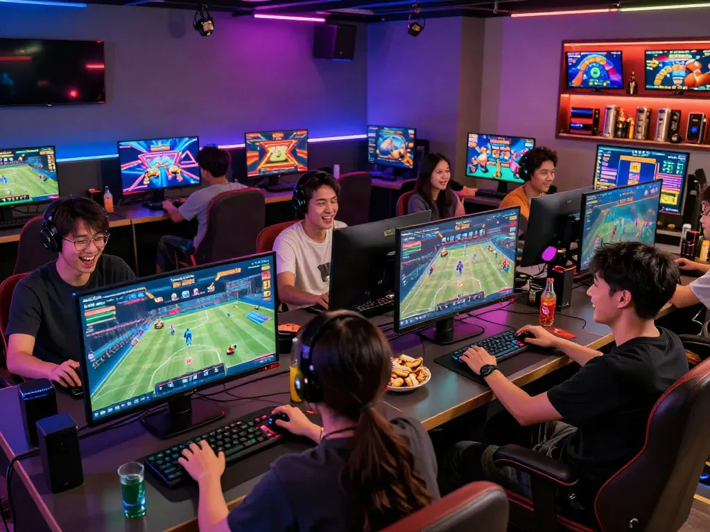 Exciting NET88 gaming experience with friends in a modern lounge setting.