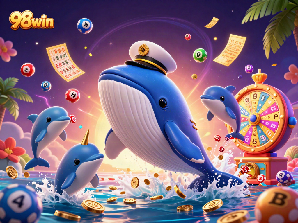 Experience winning at 98win with vibrant casino-themed ocean adventure illustration.