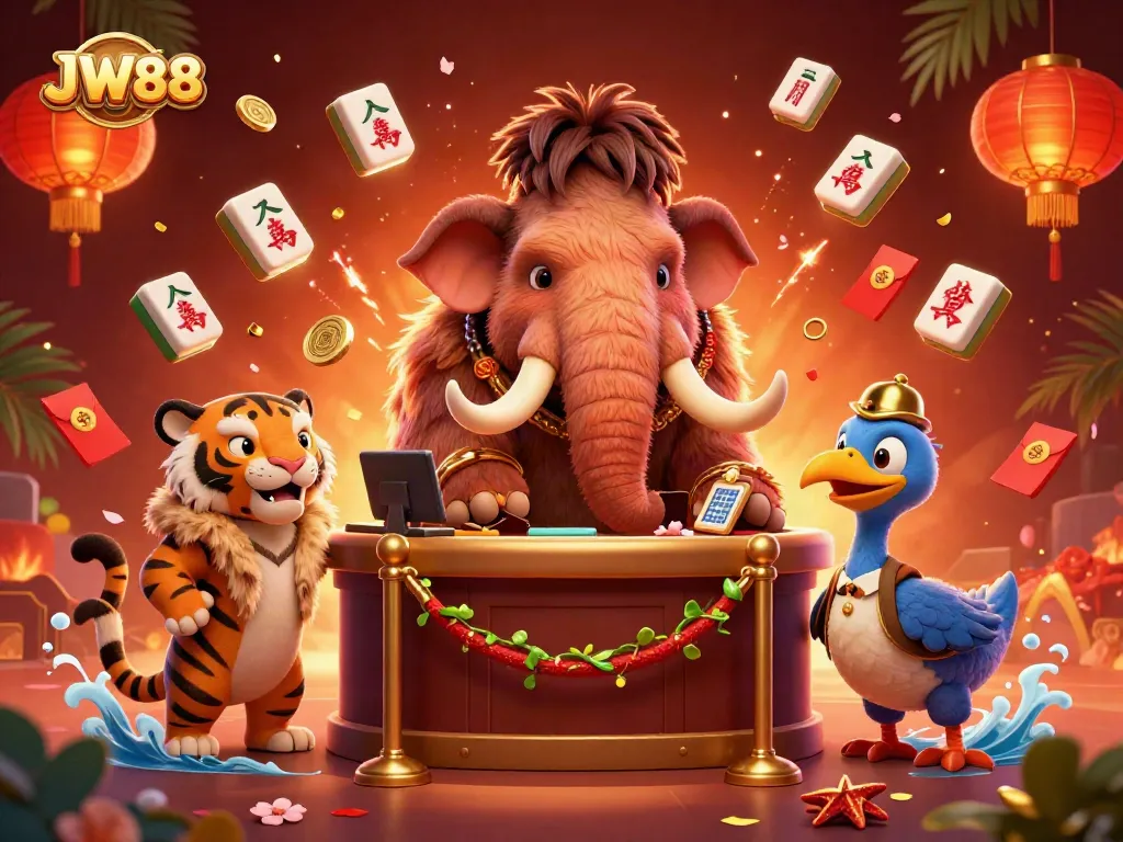Experience thrilling casino action at JW88 with a woolly mammoth bouncer and saber-tooth tiger guest.