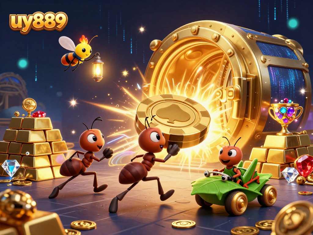 Engaging illustration depicting uy889’s animated ants heist carrying a massive poker chip amidst vibrant, sparkling casino treasures.