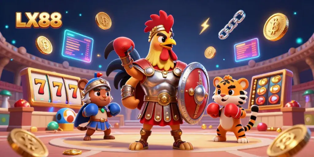 Experience the thrill of LX88 with a gladiator rooster in a vibrant casino scene.