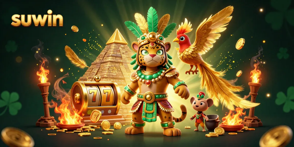 Experience the excitement of suwin gaming with a dynamic casino scene featuring slot reels and colorful characters.