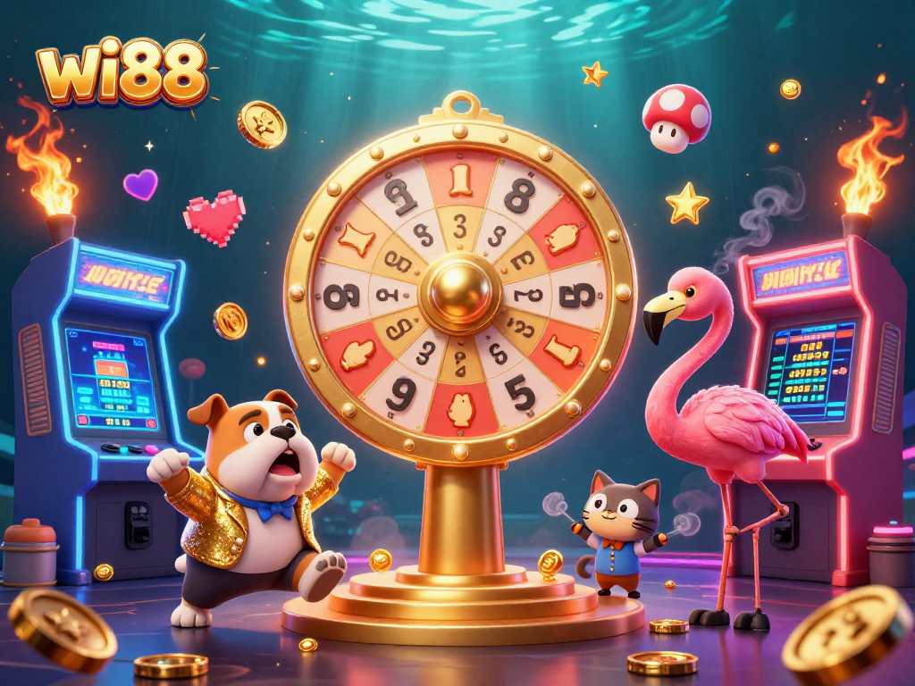 Engaging scene of wi88 featuring a flamingo host, bulldog contestant, and scoreboard cat illustrating a colorful game experience.