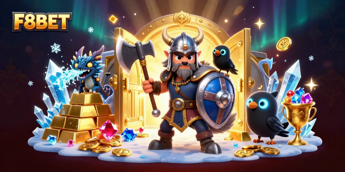 Join the excitement of F8BET with a heroic Viking wolf warrior and treasure in this vibrant scene.