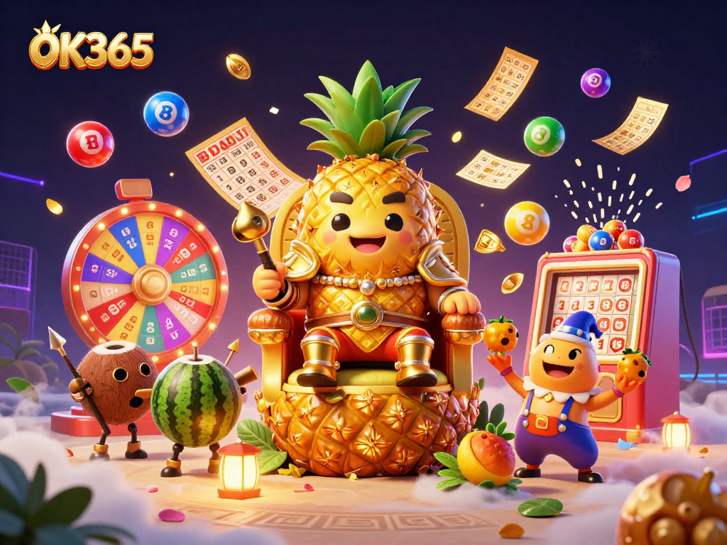 Engage with OK365's thrilling gameplay featuring a golden pineapple king amid dynamic casino elements.