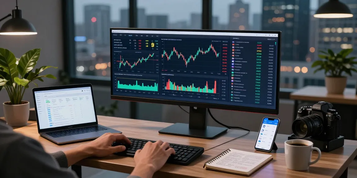 Un bureau contemporain de trading de crypto intelligence avec des graphiques Bitcoin et Ethereum, un portefeuille numérique, et un éclairage ambiant moderne.