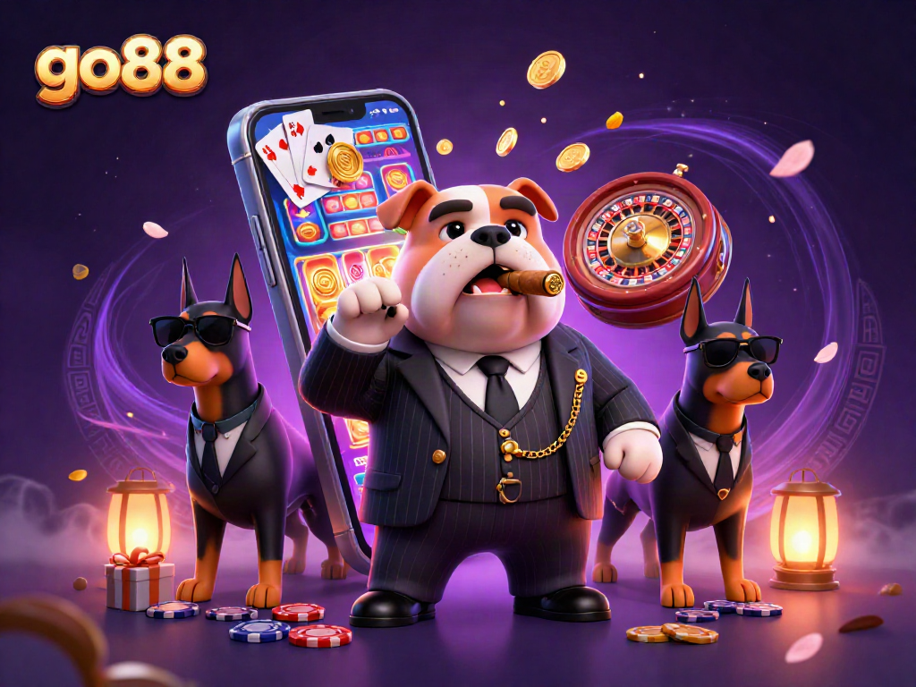 Play exciting games at go88 with vibrant slots and casino elements in a dynamic scene.