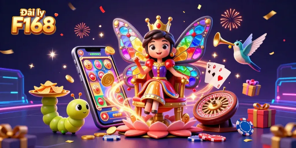 Engage with Đại lý F168 through vibrant slots and charming casino elements in a festive 3D scene.