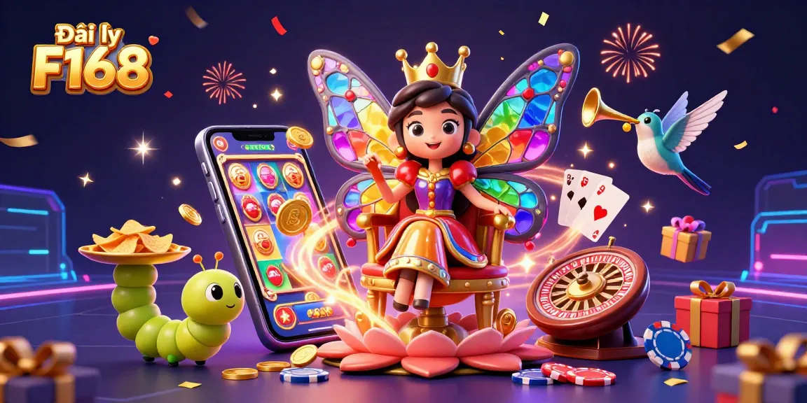 Engage with Đại lý F168 through vibrant slots and charming casino elements in a festive 3D scene.