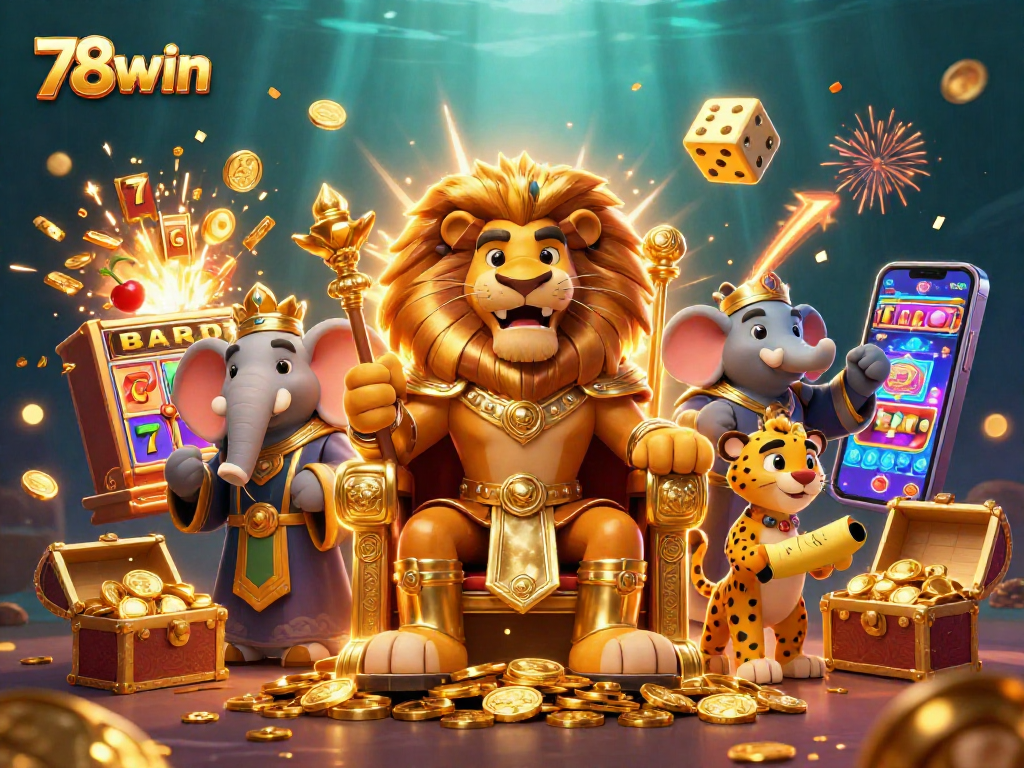 Experience thrilling jackpots at 78win with a dynamic casino scene showing a lion and friends surrounded by excitement.