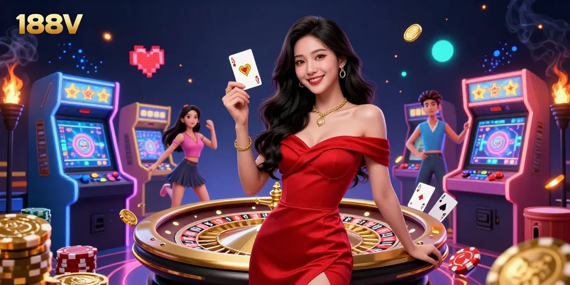 Experience the thrill of 188V with a glamorous casino scene featuring vibrant gaming elements and a confident dealer.