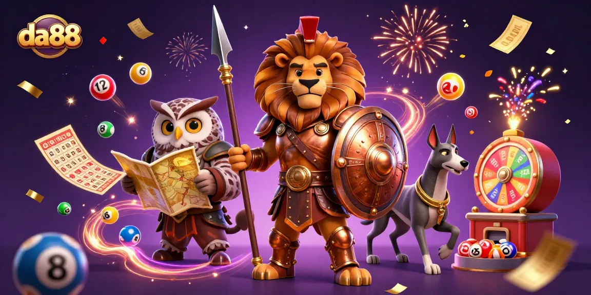 Engage in da88 lottery excitement with vibrant balls, characters, and a dynamic scene.