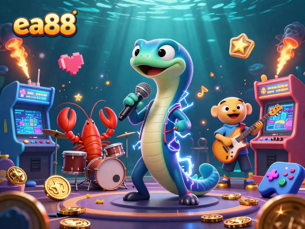 Experience the vibrant electric eel DJ at the ea88 underwater casino stage, surrounded by colorful gaming elements.