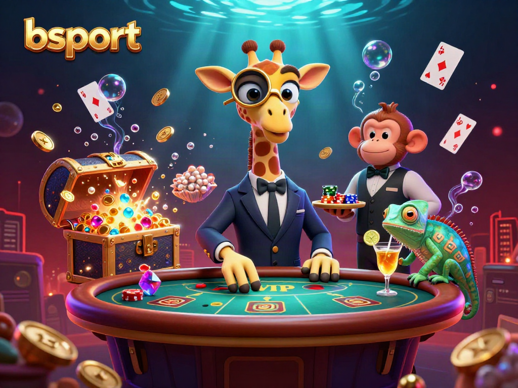 bsport brings excitement as the high-roller giraffe plays poker surrounded by vibrant casino elements.