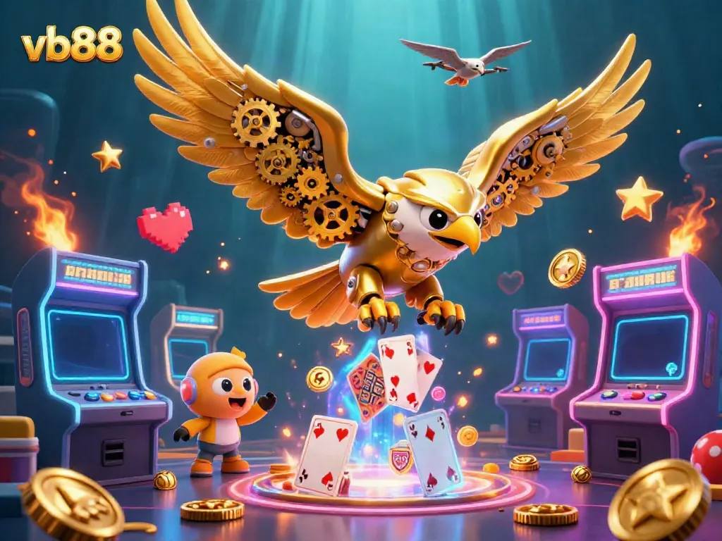 Engage in thrilling gambling action with vb88, highlighted by a 3D cybernetic eagle soaring through playing cards and arcade elements.