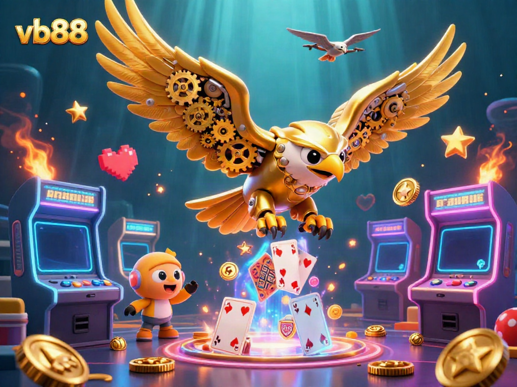 Engage in thrilling gambling action with vb88, highlighted by a 3D cybernetic eagle soaring through playing cards and arcade elements.