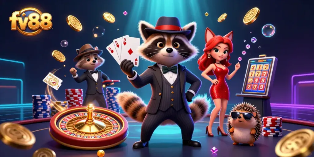 Spin and win with FV88's dynamic casino scene featuring exciting games and characters.