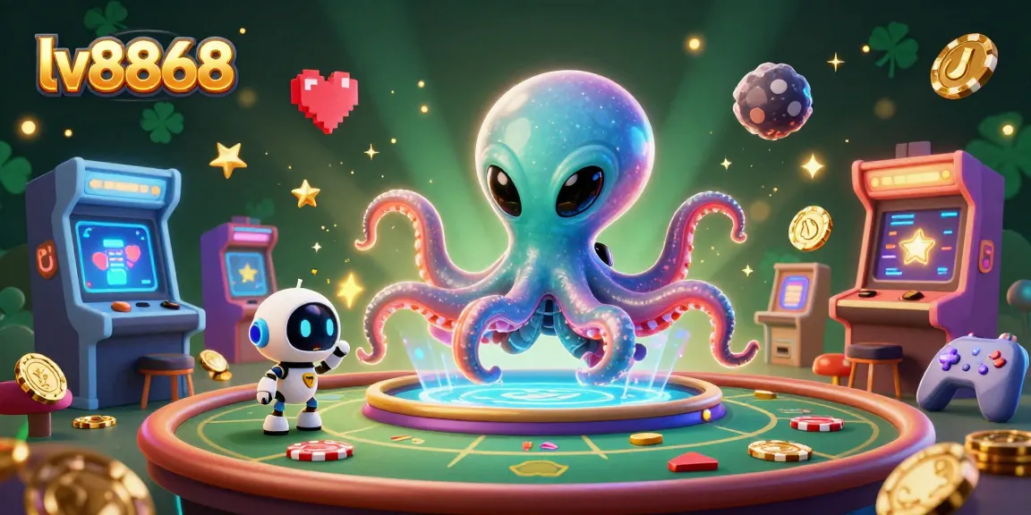 Spin to win at lv8868 with an alien octopus and robot at a holographic poker table.