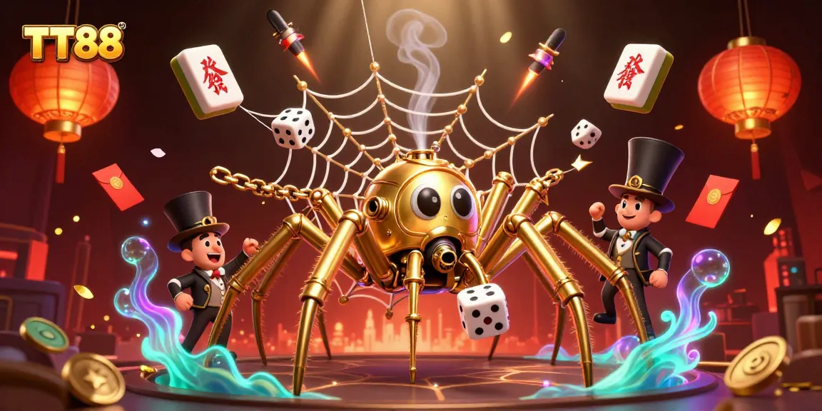 Experience TT88 with a steampunk spider amidst vibrant gambling elements, capturing the thrill of the game.