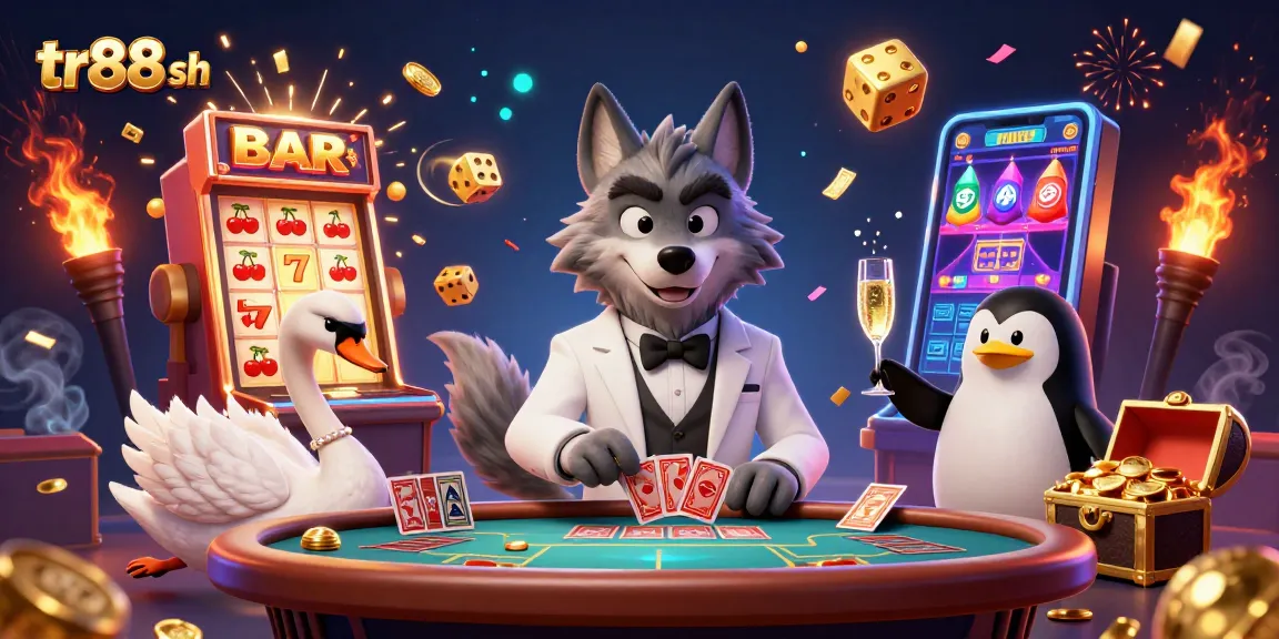 Experience the excitement at TR88 SH as the debonair wolf plays baccarat with a swan dealer, surrounded by jackpots.