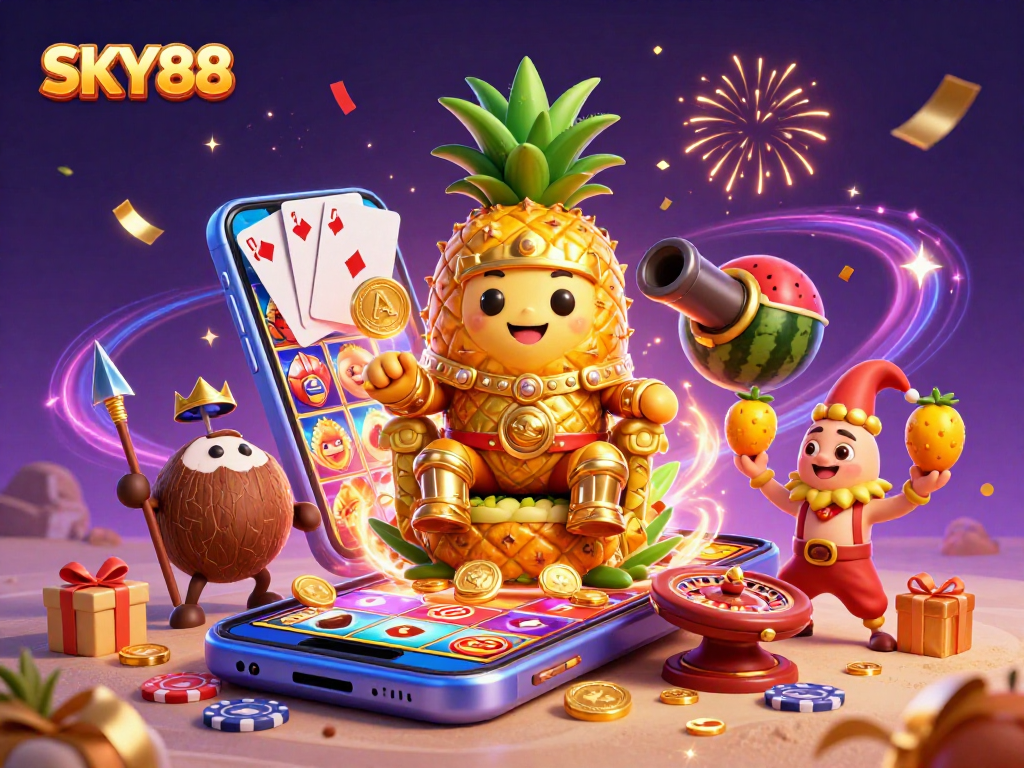 Engage with SKY88's vibrant gambling scene featuring a golden pineapple king and exciting casino elements.