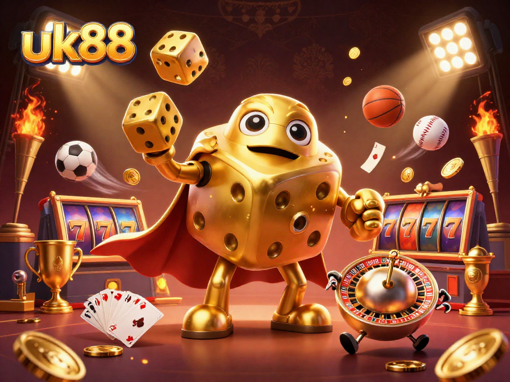 Experience the thrill of uk88 with dynamic 3D golden dice, sports balls, and lively casino elements.