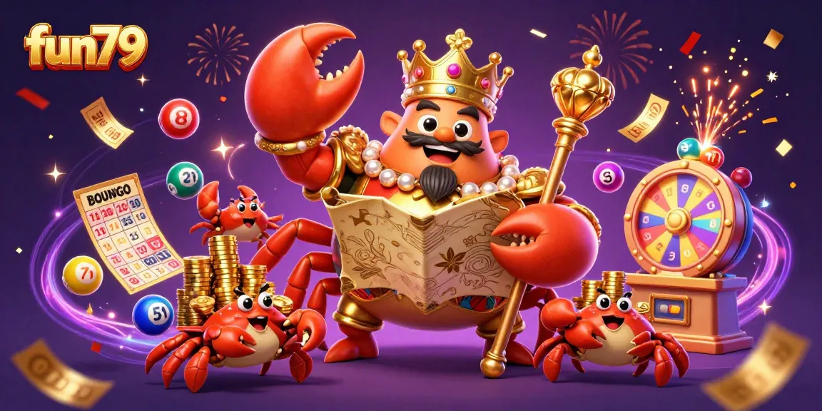 Experience fun79's exciting gameplay with a golden crab holding treasures amidst vibrant casino elements.