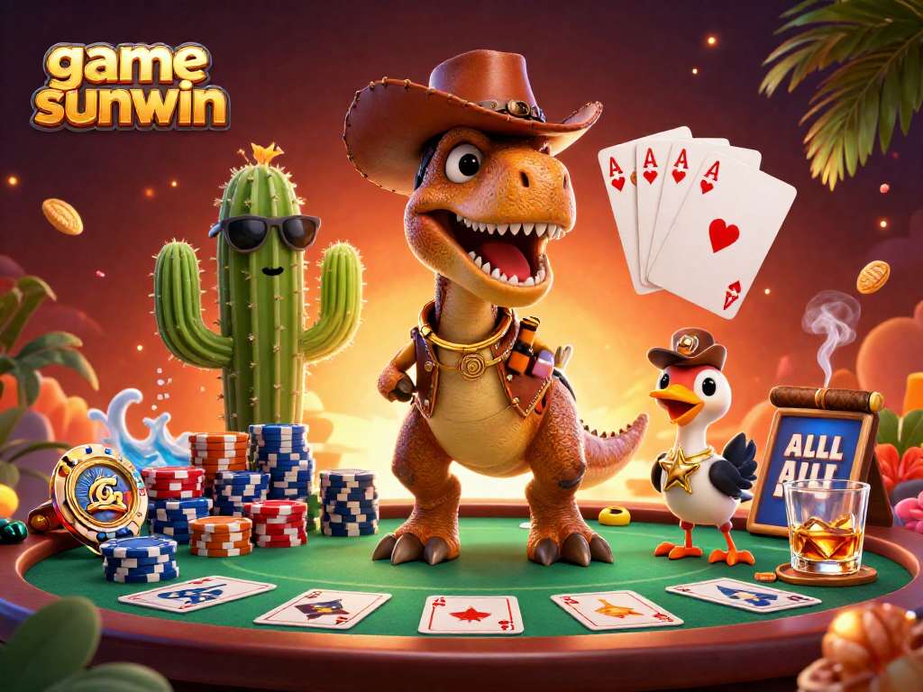 Engaging scene featuring game sunwin with T-Rex cowboy, poker elements, and vibrant casino backdrop.